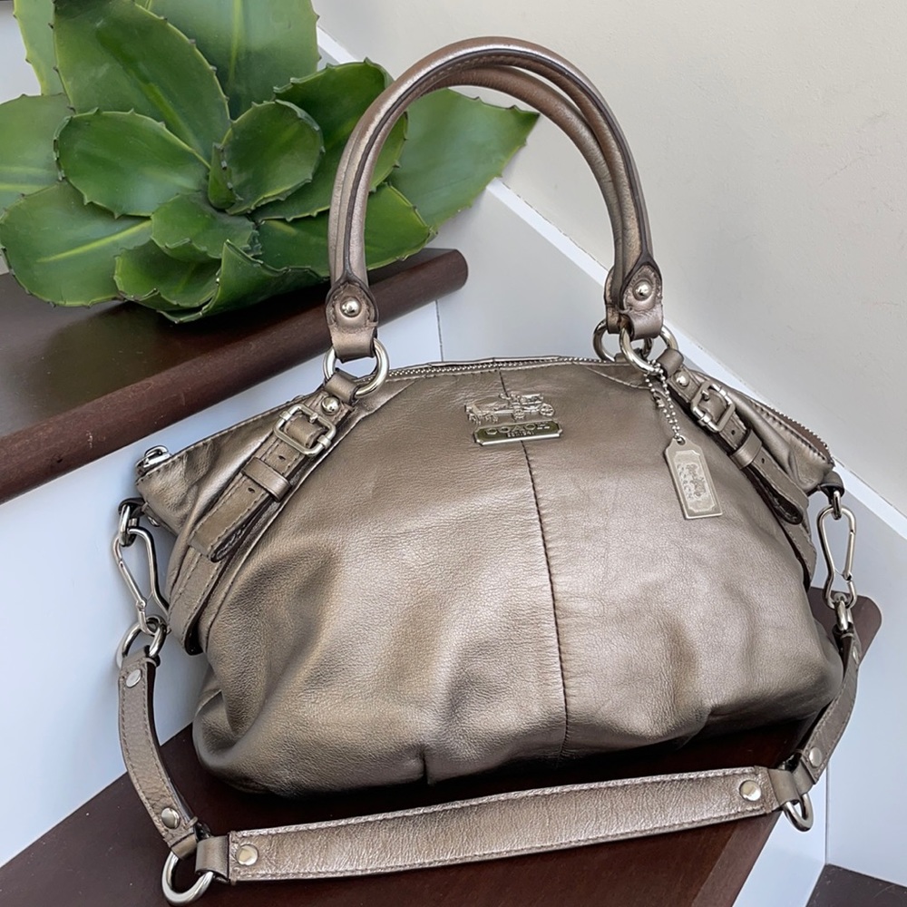 Coach Genuine Leather Madison Handbag Shoulder satchel bag purse Pewter metallic